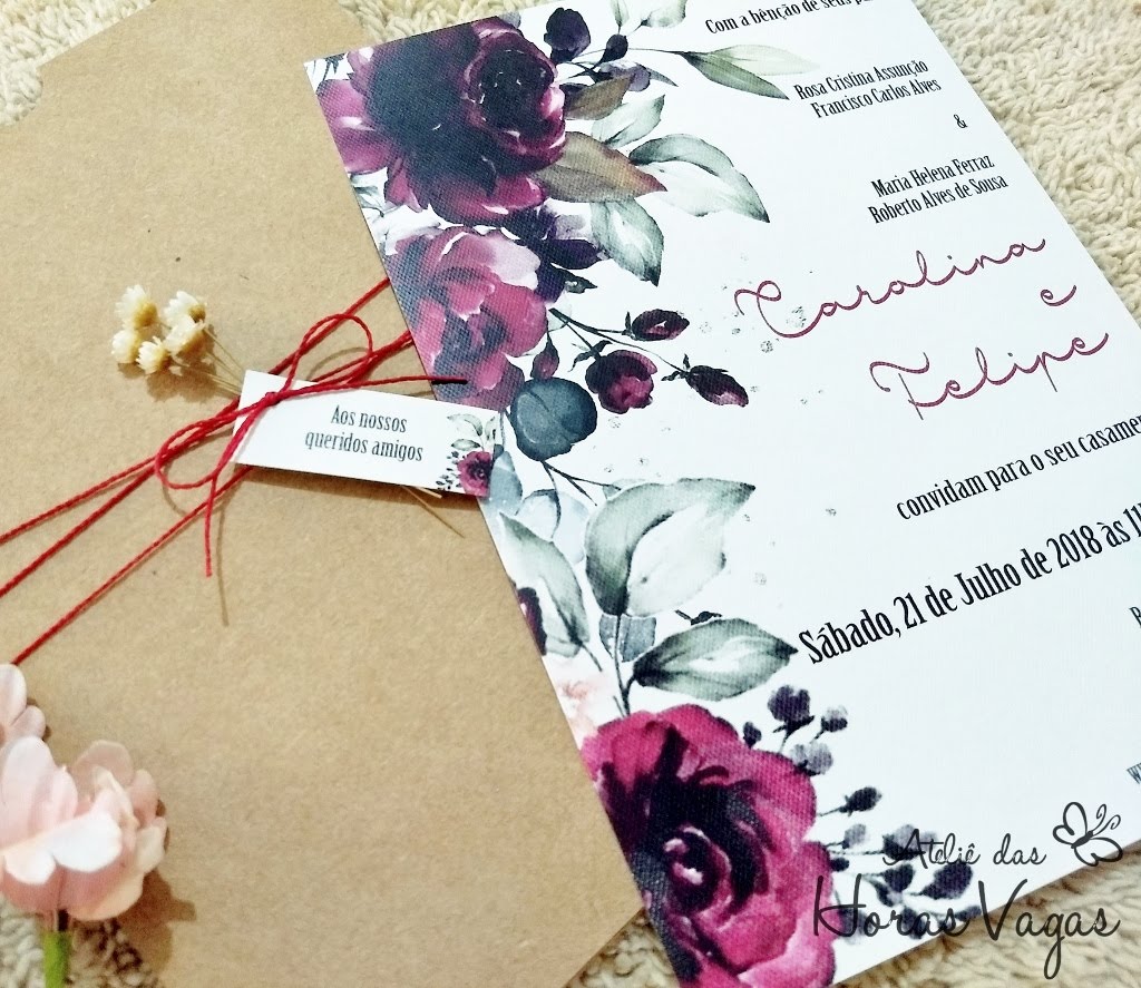 Ateliê das Horas Vagas - Aline Barbosa: Convite de Casamento Rustico Floral  Marsala envelope Kraft