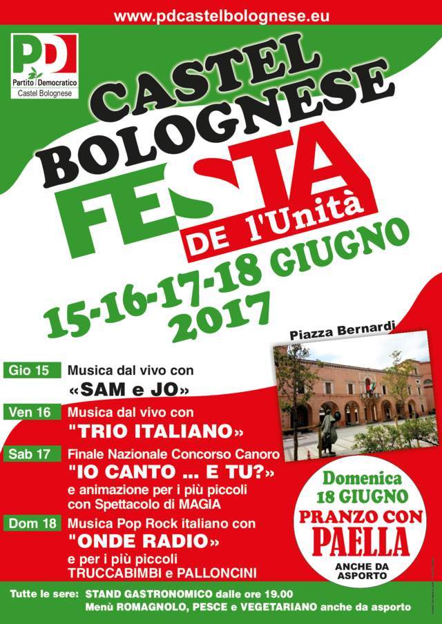 I Democratici per Casola Inizia a Castel Bolognese la stagione delle Feste de l'Unità 2017 I Democratici per Casola Inizia a Castel Bolognese la stagione delle Feste de l'Unità 2017