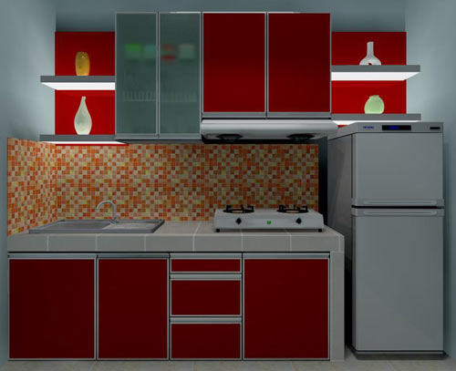 dapur minimalis warna merah 