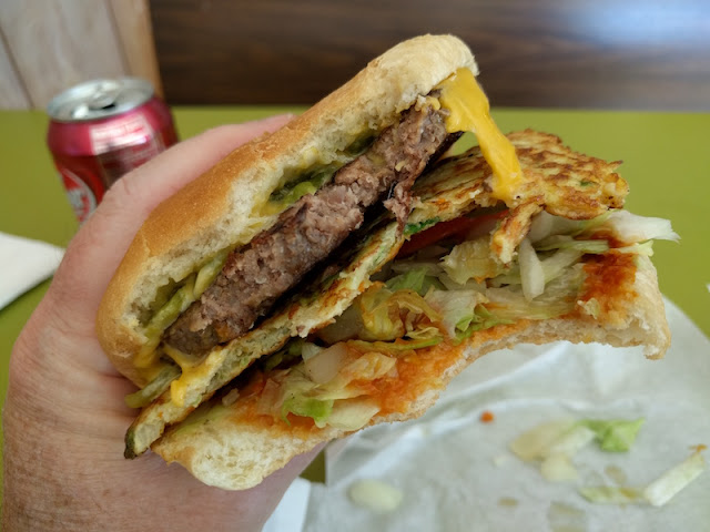 Green chile egg foo yung sandwich at Lucky Boy Chinese Food & Hamburgers in Albuquerque