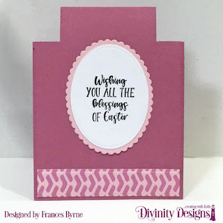 Divinity Designs Stamps:  Miracle of Easter  Custom Dies: Center Step A2 Card, Center Step A2 Layers, Ovals, Scalloped Ovals, Rectangles  Paper Collection: Spring Flowers 2019  Mixed Media Stencils: Arrows