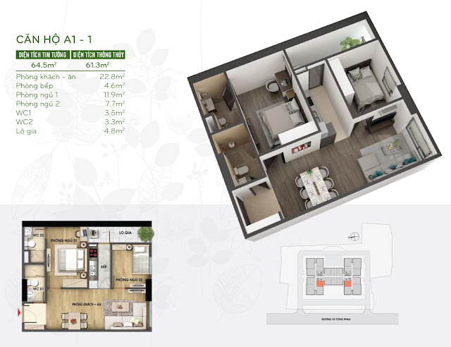 Căn hộ 61m hiện tại đang có căn giá rẻ nhất 1 tỷ 75
