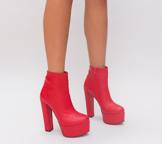 Botine de ocazie de iarna elegante rosii cu talpa groas ais toc inalt Botine de ocazie de iarna elegante rosii cu talpa groas ais toc inalt