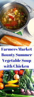 Farmers Market Bounty Summer Vegetable Soup with Chicken:  7 types of crisp, fresh from the farm, vegetables are the star of this dish! Cook them in a hearty chicken broth, laced with herbs, and add some tender roasted chicken and you have one healthy summer soup! - Slice of Southern