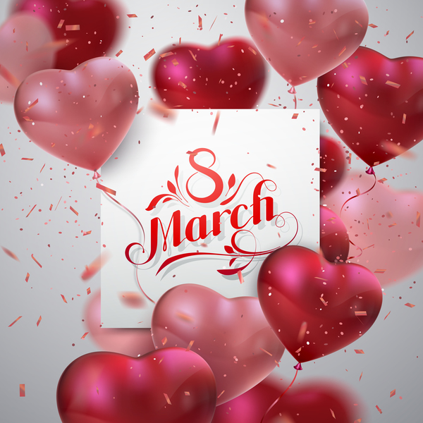 woman day 8 march women's day card with heart shape balloons free vector