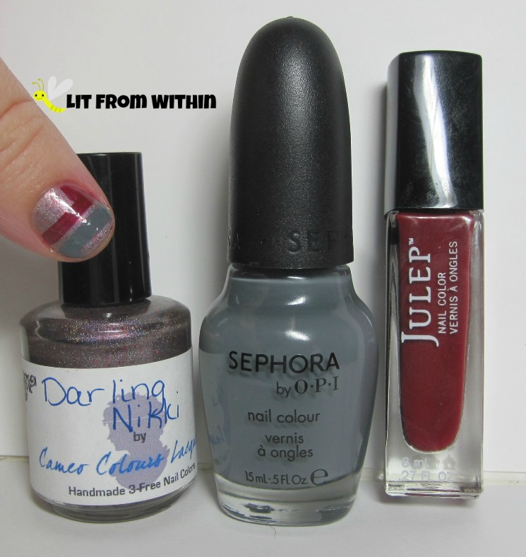 Bottle Shot:  Cameo Colors Lacquer Darling Nikki, Sephora by OPI Break a Leg Warmer, and Julep Anisa.