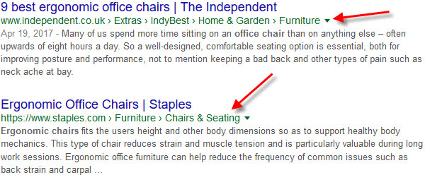 Breadcrumbs included in search engine result pages