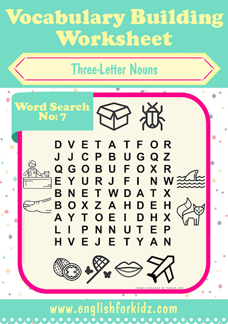 Three letter words search puzzle for ESL lessons