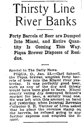 News clipping about Carl Schnell Brewery in Piqua dumping beer in 1908 after dry vote.