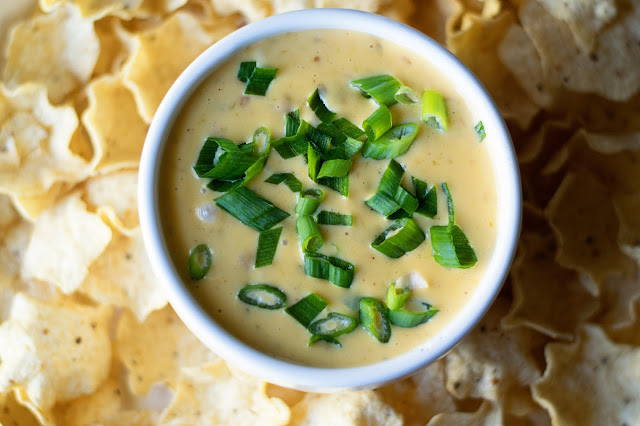 An overhead shot of the queso in the bowl surrounded by chips. 