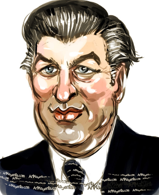 Alec Baldwin caricature cartoon. Portrait drawing by caricaturist Artmagenta
