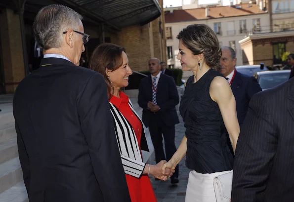 Queen Letizia attends the climate and health conference in Paris. Queen Letizia wore Nina Ricci Sleeveless top, Magrit sandals, Hugo Boss Skirt