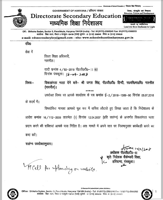 Handicap allowance Teacher Haryana Education News