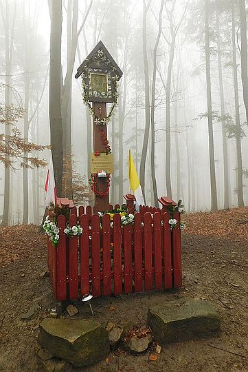 Kapliczka przy szlaku na Jaroszowickiej Górze. Kapliczka przy szlaku na Jaroszowickiej Górze.