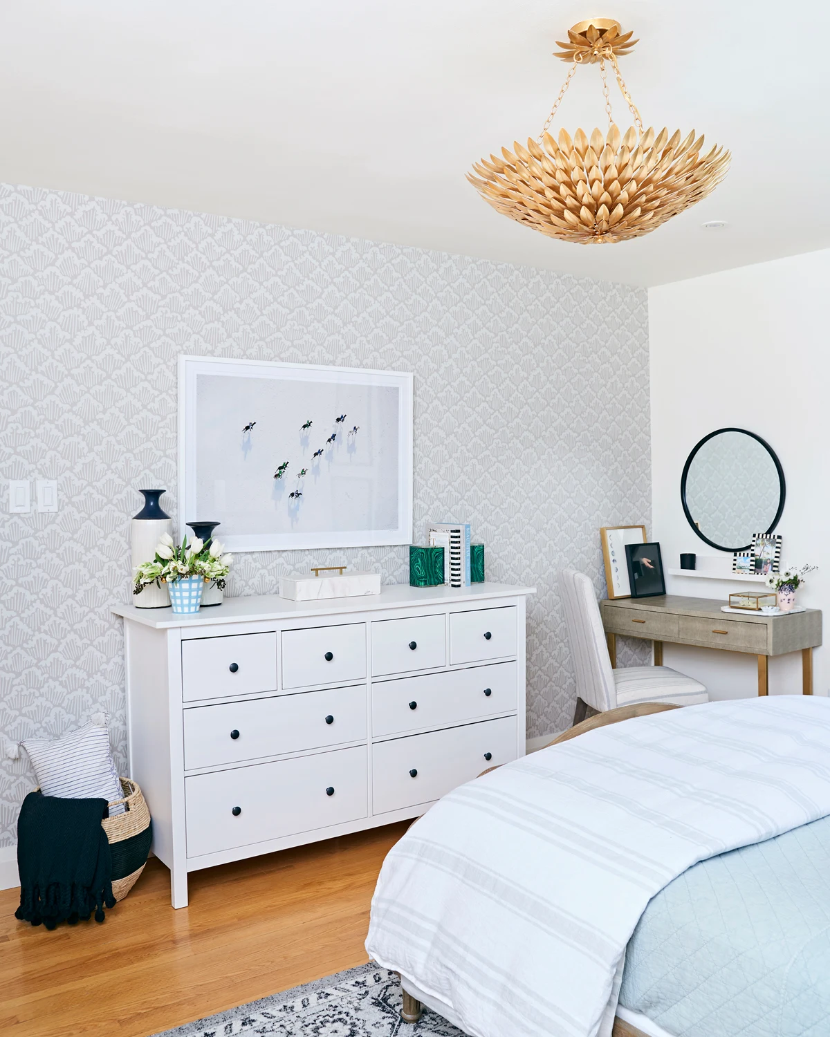 calm neutral master bedroom, Rambling Renovators, Gray Malin The Match, round mirror, Bellacor shagreen vanity