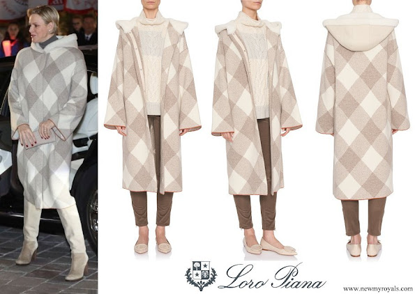 Princess Charlene wore Loro Piana Cashmere Geometric Shearling Hood Coat