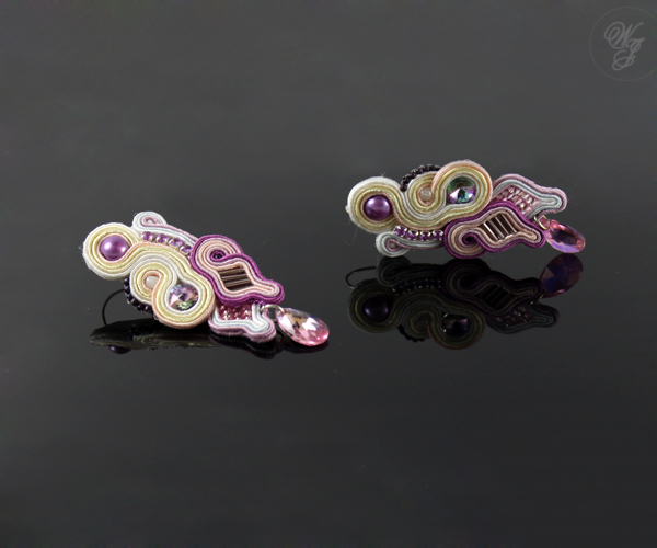 violet and vanilla soutache earrings, soutache handmade jewelry, swarovski, pearls