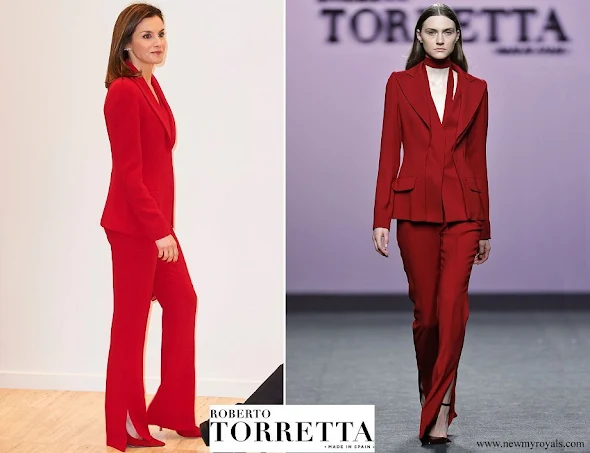 Queen Letizia wore Roberto Torretta red suit from Fall Winter 2017 2018 collection