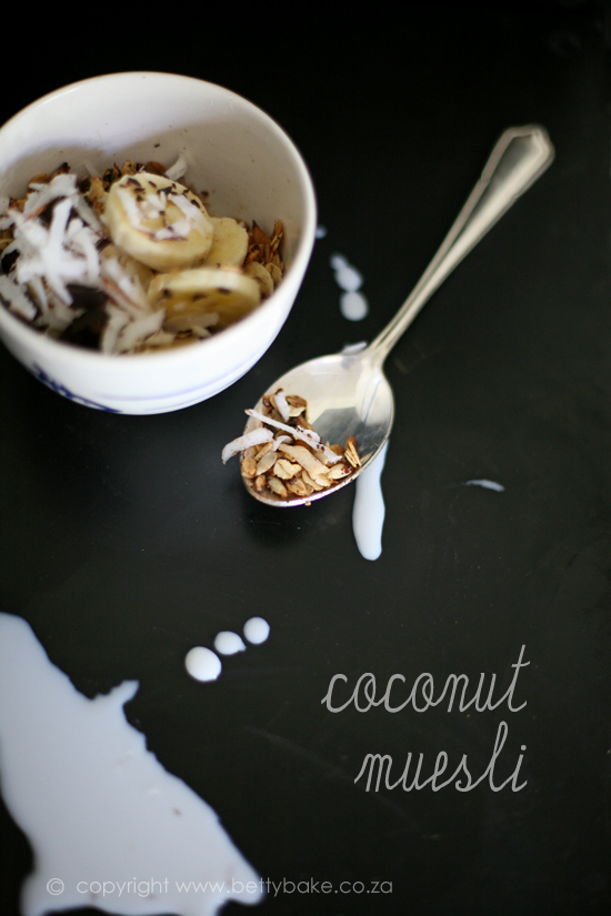 muesli, coconut, recipe, betty bake, blog, food, breakfast, easy to make, on a black background