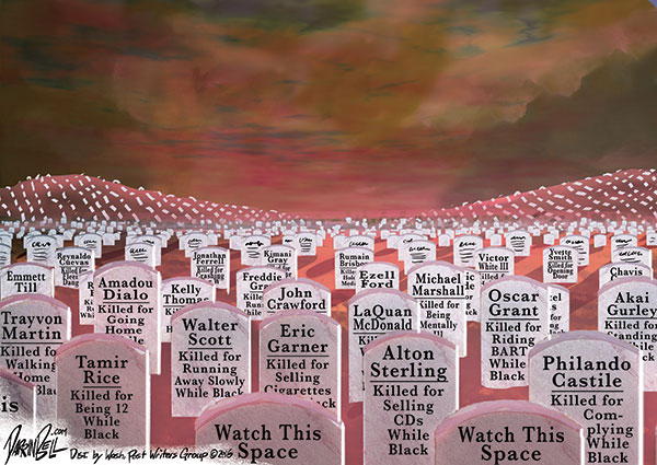 Image:  Field to tombstones, each one citing a black persons killed for no good reason (