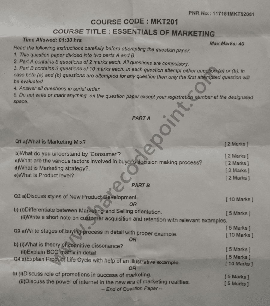 MKT201 Essentials of Marketing Mid Term Exam Question Paper lpu