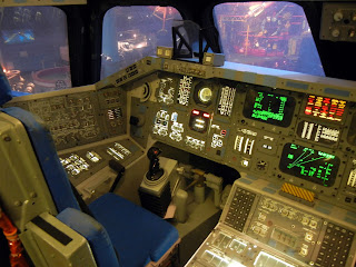 The inside of a spaceship cockpit at the Houston Space Center