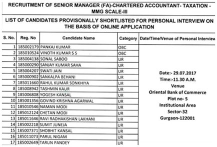 Oriental Bank Of Commerce Result Oriental Bank Of Commerce Result