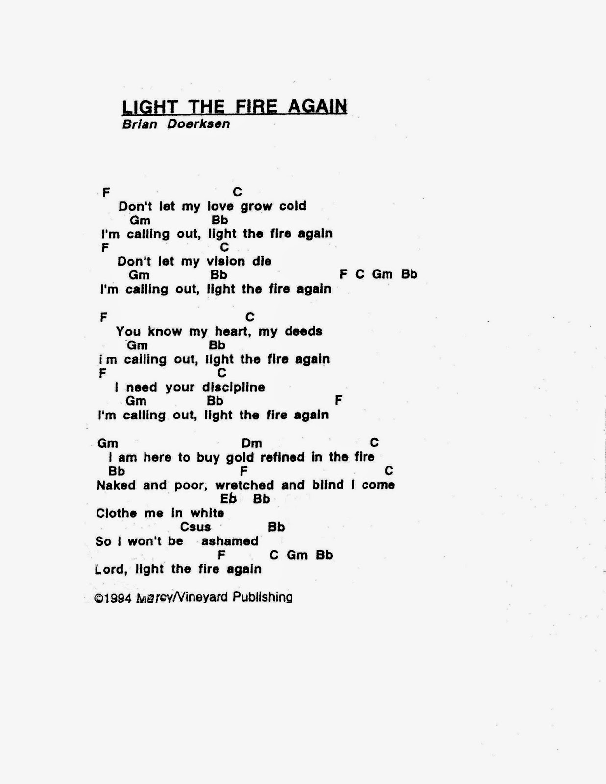 Worship Lead Sheets Light the Fire Again Brian Doerksen