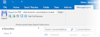 Screen shot of MessageExport addin for Outlook 2016.