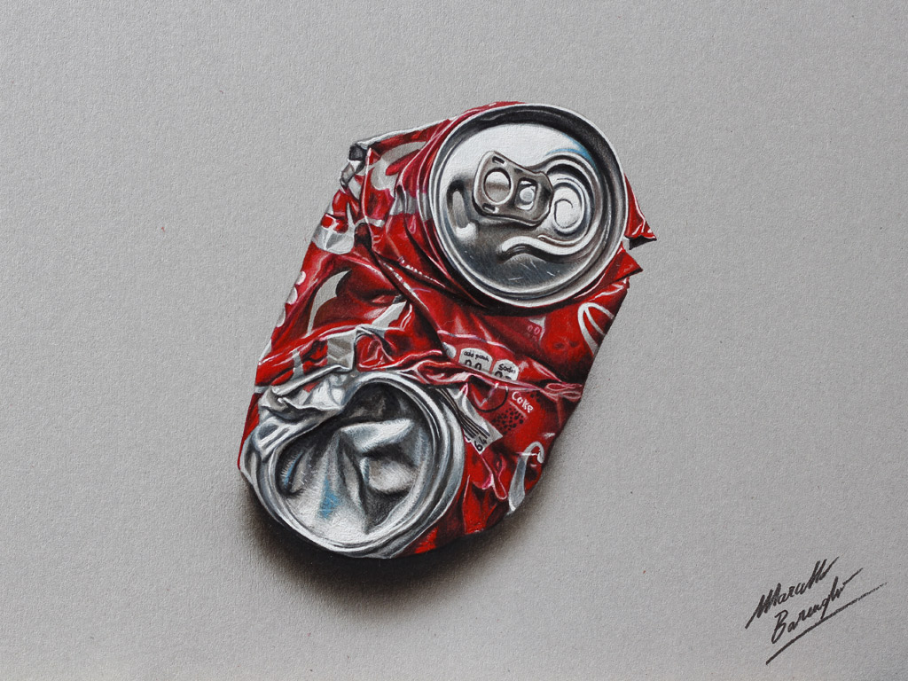 Marcello Barenghi: A crushed Coca-Cola can - drawing