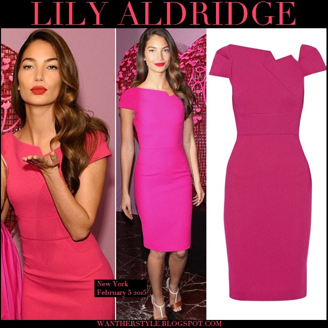 What She Wore Lily Aldridge In Bright Pink Dress At Victoria S Lily Aldridge In Bright Pink Midi Dress By Roland Mouret Want Her Style February 5