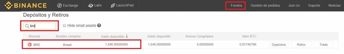Saldo Criptomoneda Bread (BRD) Guardar en Wallet desde Exchange Binance Bread (BRD)