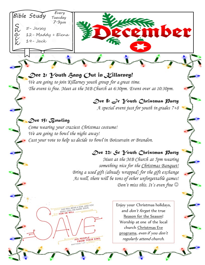December Schedule - Boissevain Youth Group December Schedule - Boissevain Youth Group