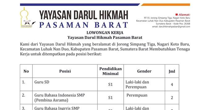 Lowongan Kerja Yayasan Darul Hikmah Pasaman Barat Juni 2018 Lowker Nasional