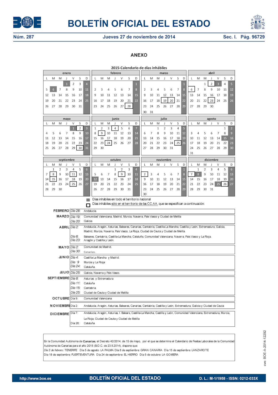 Calendari dies inhàbils 2015