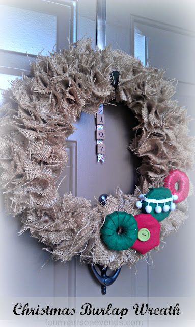 Christmas burlap wreath with dollar tree embellishments