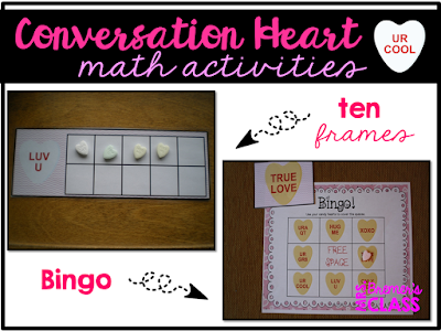 Valentine's Day math activity centers featuring 12 math skills, just add conversation hearts!