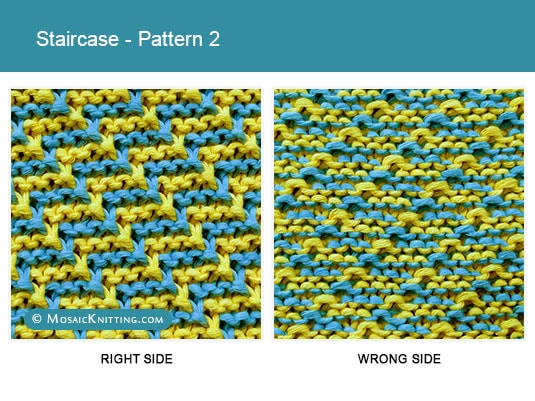 Mosaic Knitting - 2 Color Knit Stitch Pattern. Right side vs wrong side of the Staircase stitch - Pattern 2.