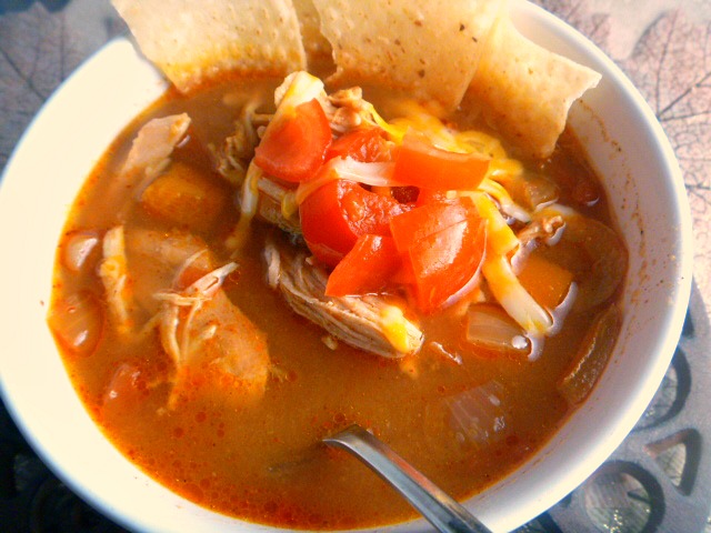 Slow Cooker Lighter King Ranch Chicken Soup:  Imagine a bowl of steaming hot and hearty soup that is filled with shredded chicken, peppers, tomatoes, and southwestern flavors that pack a huge punch! - Slice of Southern