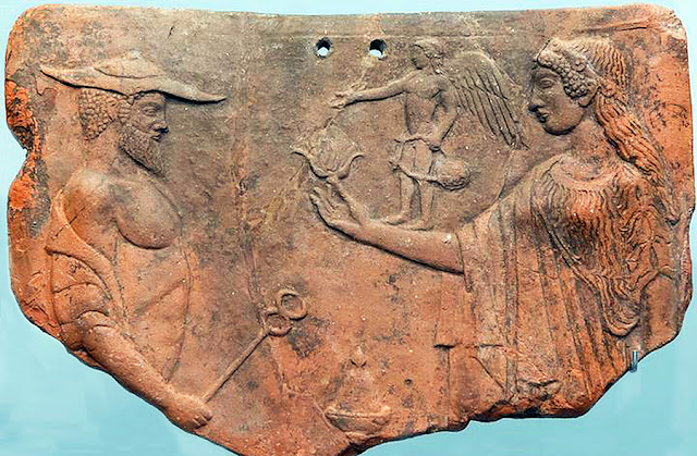 Eros, Aphrodite and Hermes - Clay tablet from Locri in Calabria, circa 475-450 BCE - at the Munich Museum