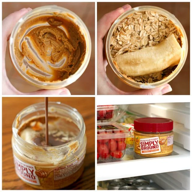 A collage of images of Peanut Butter Jar Overnight Oats being made.