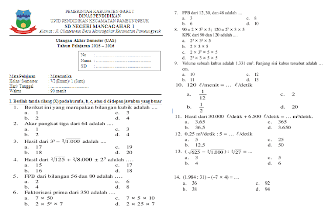 Soal UAS Matematika KTSP Kelas 6 Semester 1