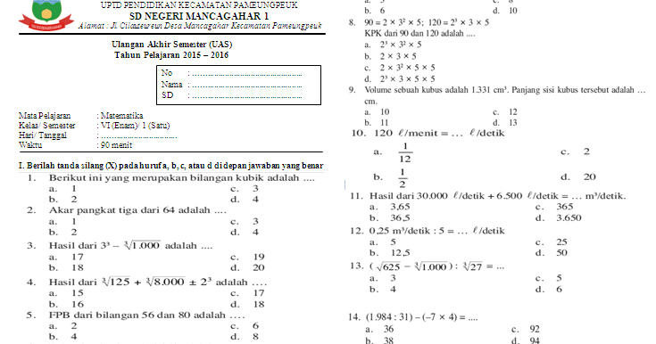 Soal UAS Matematika KTSP Kelas 6 Semester 1 Download