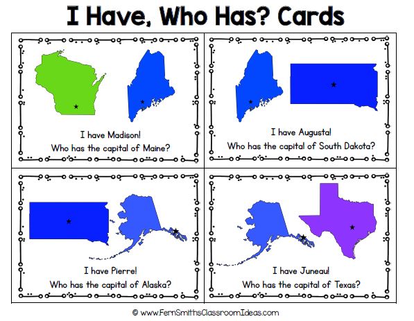 100 I Have, Who Has? United States of America - State Capitals Task Cards, Teacher Directions and a Teacher Answer Key by Fern Smith's Classroom Ideas Available for You at TeachersPayTeachers.