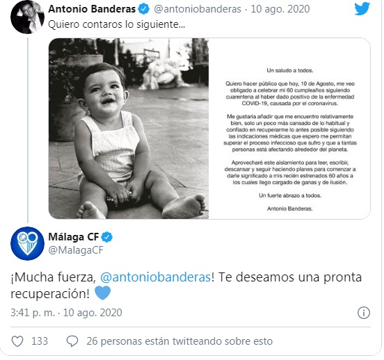 El Málaga manda ánimos a Antonio Banderas tras su positivo por COVID-19