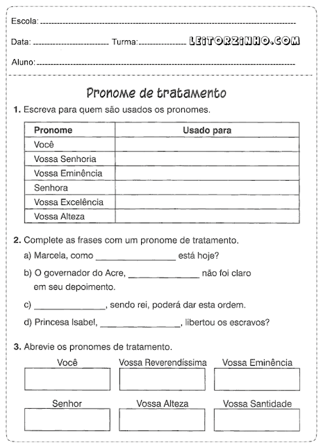 Escreva para quem são usados os pronomes