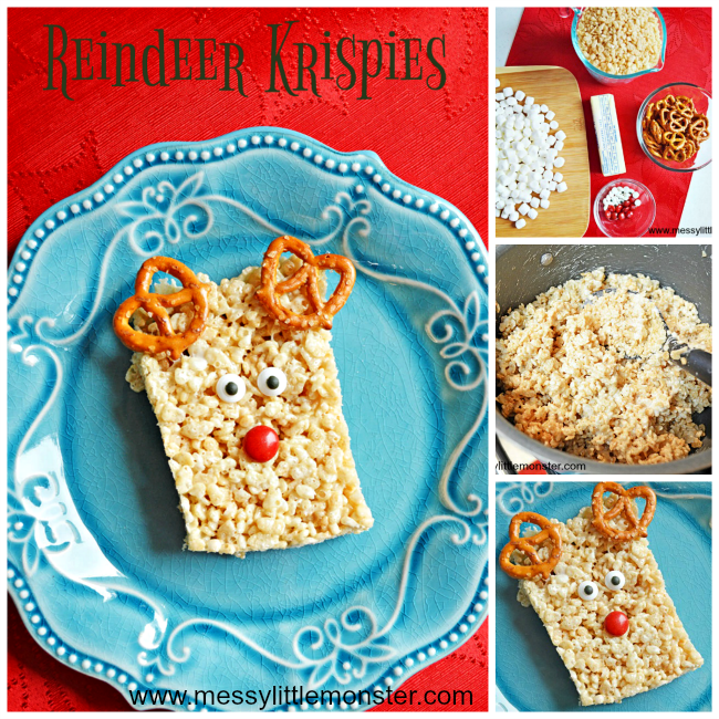 Easy Reindeer Krispies snack and Christmas cooking activity for kids - Follow the simple step by step recipe to create a tasty treat. Great for toddlers, preschoolers and older kids doing Christmas or reindeer projects. A fun idea to go with the song Rudolf the red nose reindeer.