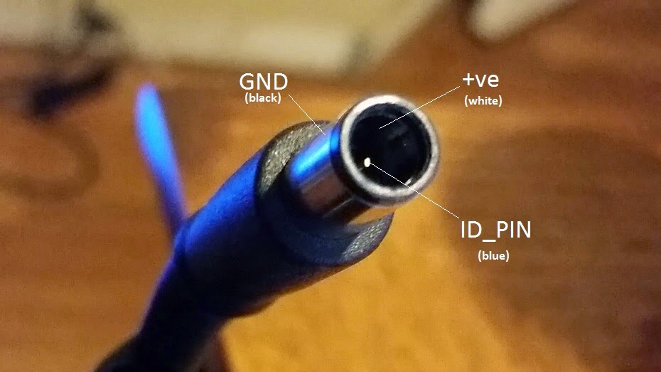 A close-up view of the contacts on the plug that connects to a laptop