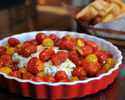 Herbed Ricotta with Roasted Cherry Tomatoes ♥ KitchenParade.com, a quick summer appetizer, warm ricotta topped with roasted cherry tomatoes. Scrumptious!