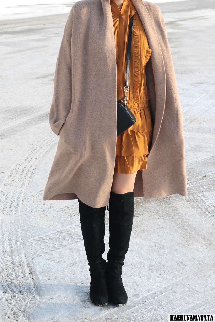 Ulla Johnson Ruffle Dress, Madewell Shawl Sweater coat, Marc Jacobs Shutter Bag, Knee High Boots Blogger Style OOTD Ulla Johnson Ruffle Dress, Madewell Shawl Sweater coat, Marc Jacobs Shutter Bag, Knee High Boots Blogger Style OOTD